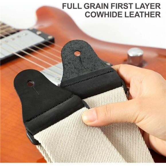Milk White Cotton Guitar Strap Wide Adjustable Leather Ends Bass Electric - Picture 4 of 7
